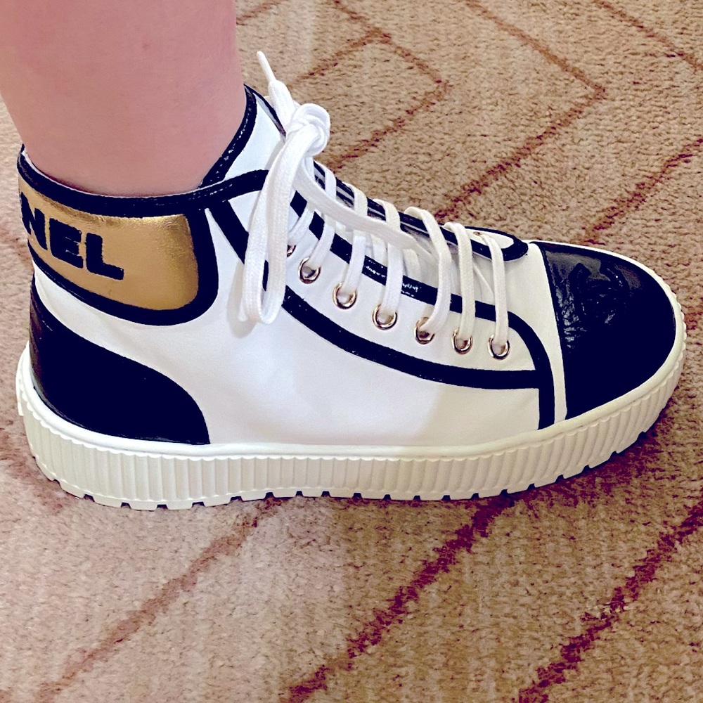 Chanel size 6.5 US high top sneakers. Perfect for day to night. New/never worn.